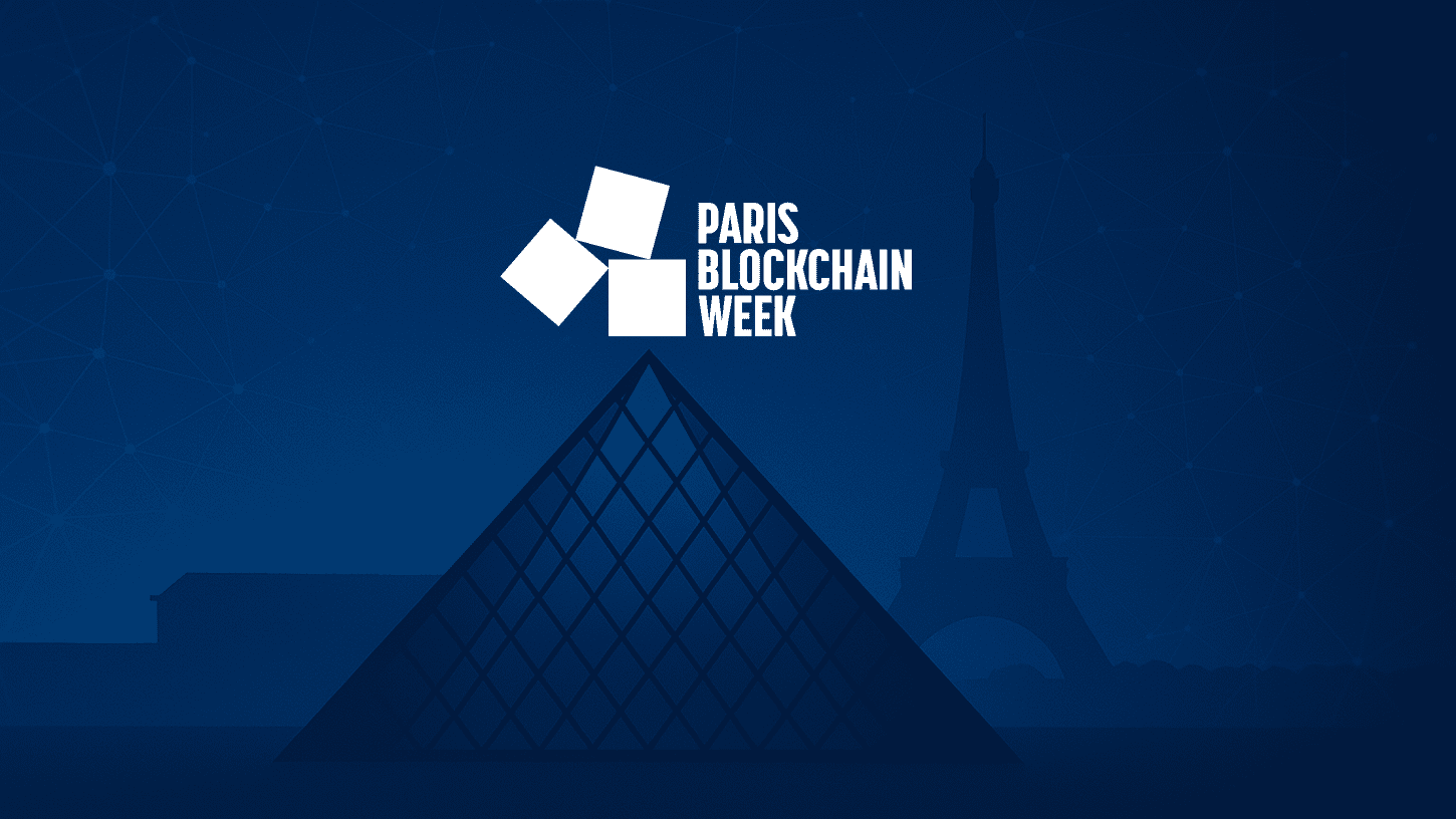 Digital illustration of the Louvre Pyramid and Eiffel Tower with Paris Blockchain Week 2025 logo on a connected network background.