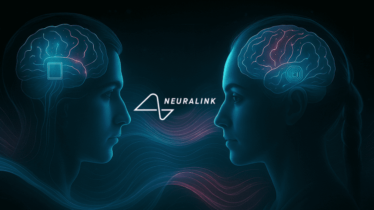 A futuristic digital illustration of two human profiles with glowing neural implants facing each other, symbolizing telepathic communication via brain-computer interfaces, inspired by Neuralink's technology.
