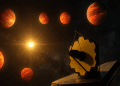 Illustration of four glowing exoplanets in the HR 8799 system with the James Webb Space Telescope observing their infrared atmospheres in deep space.