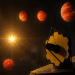 Illustration of four glowing exoplanets in the HR 8799 system with the James Webb Space Telescope observing their infrared atmospheres in deep space.