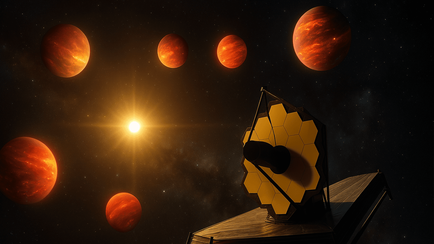 Illustration of four glowing exoplanets in the HR 8799 system with the James Webb Space Telescope observing their infrared atmospheres in deep space.