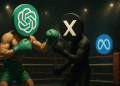 ChatGPT logo punches X logo in a boxing ring while Meta logo watches from ringside in a dramatic tech rivalry scene