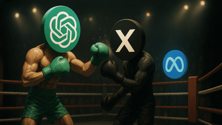 ChatGPT logo punches X logo in a boxing ring while Meta logo watches from ringside in a dramatic tech rivalry scene