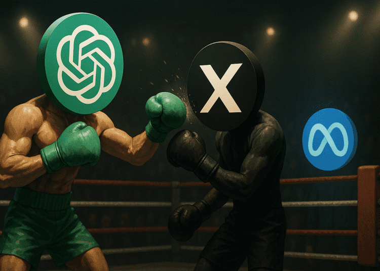 ChatGPT logo punches X logo in a boxing ring while Meta logo watches from ringside in a dramatic tech rivalry scene