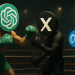 ChatGPT logo punches X logo in a boxing ring while Meta logo watches from ringside in a dramatic tech rivalry scene