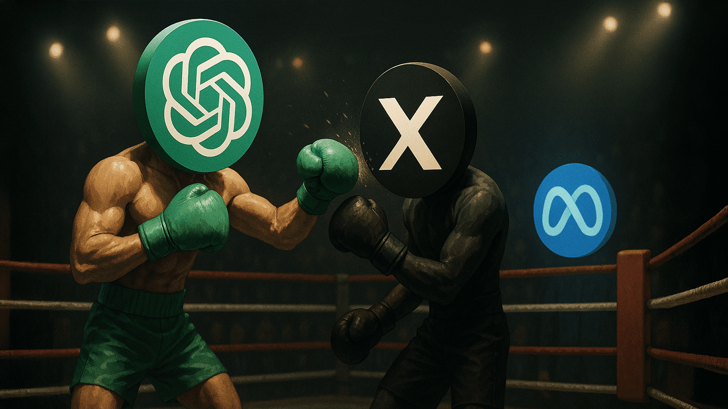 ChatGPT logo punches X logo in a boxing ring while Meta logo watches from ringside in a dramatic tech rivalry scene