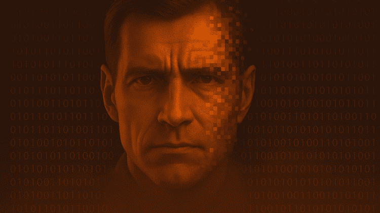 Portrait of a man’s face partially pixelated, symbolizing deepfake identity fraud in the age of AI and Fraud-as-a-Service (FaaS)