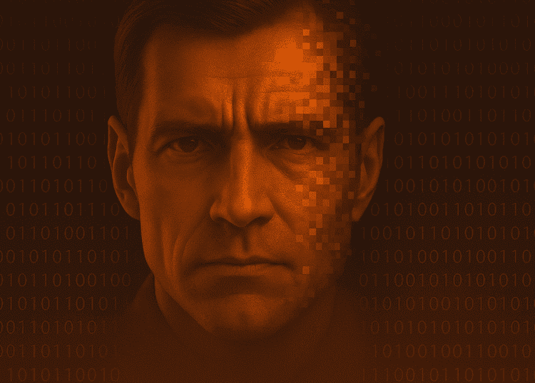 Portrait of a man’s face partially pixelated, symbolizing deepfake identity fraud in the age of AI and Fraud-as-a-Service (FaaS)
