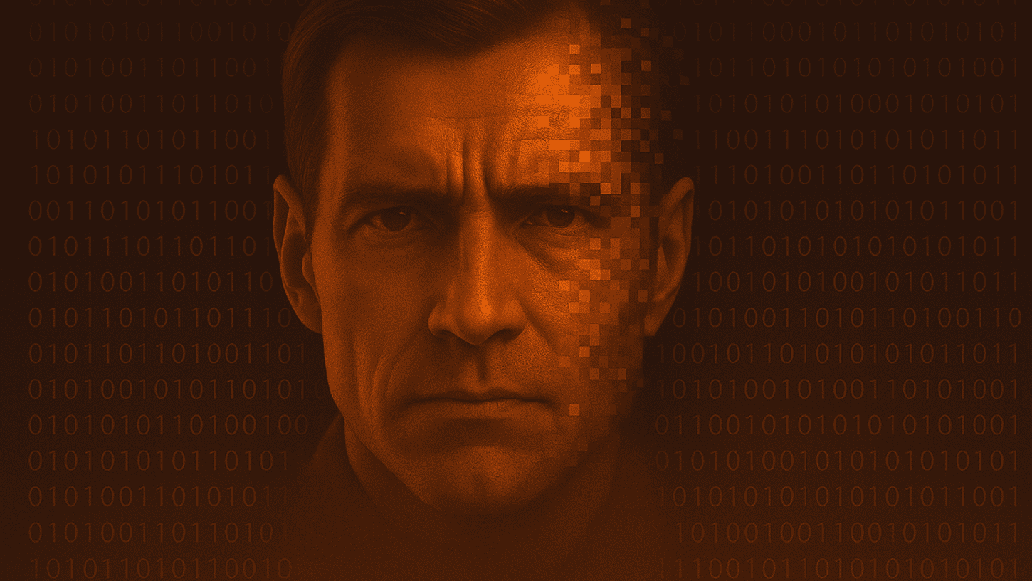 Portrait of a man’s face partially pixelated, symbolizing deepfake identity fraud in the age of AI and Fraud-as-a-Service (FaaS)