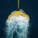 Top-down view of a bright yellow tidal kite from the Faroe Islands Space Program gliding through ocean currents, showcasing lunar-powered energy generation.