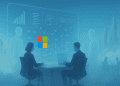 A futuristic digital workspace with AI agents and human professionals interacting over holographic data displays, set against a modern city skyline. A blended Microsoft logo appears centrally within the interface, symbolizing seamless human-AI collaboration in the Copilot ecosystem.