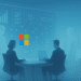 A futuristic digital workspace with AI agents and human professionals interacting over holographic data displays, set against a modern city skyline. A blended Microsoft logo appears centrally within the interface, symbolizing seamless human-AI collaboration in the Copilot ecosystem.