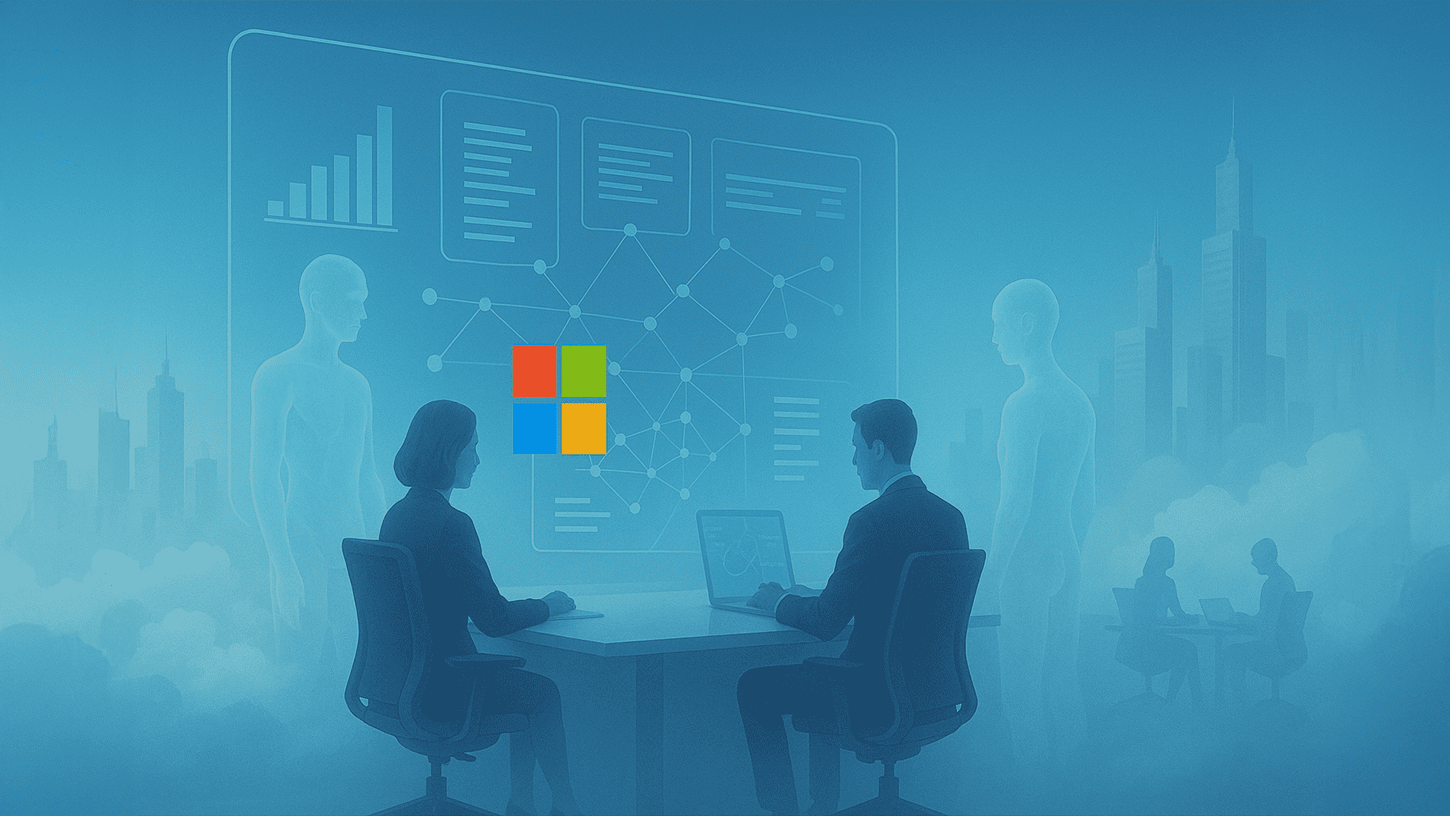 A futuristic digital workspace with AI agents and human professionals interacting over holographic data displays, set against a modern city skyline. A blended Microsoft logo appears centrally within the interface, symbolizing seamless human-AI collaboration in the Copilot ecosystem.
