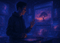 Futuristic digital artist in a neon-lit studio using Midjourney V7 to create AI-generated artwork with holographic interfaces and vibrant textures