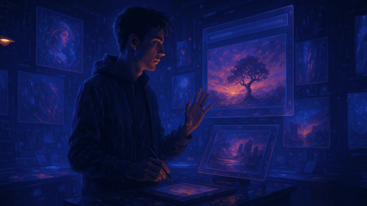 Futuristic digital artist in a neon-lit studio using Midjourney V7 to create AI-generated artwork with holographic interfaces and vibrant textures