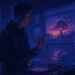 Futuristic digital artist in a neon-lit studio using Midjourney V7 to create AI-generated artwork with holographic interfaces and vibrant textures
