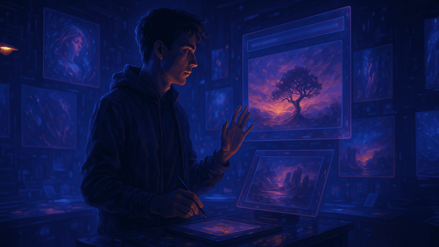 Futuristic digital artist in a neon-lit studio using Midjourney V7 to create AI-generated artwork with holographic interfaces and vibrant textures