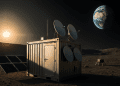 A realistic photo-style image of a lunar data center module with satellite dishes and solar panels on the Moon’s surface, with Earth visible in the sky.
