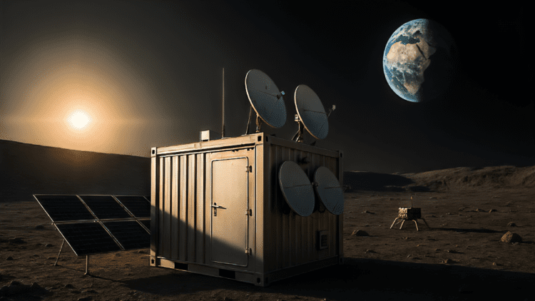 A realistic photo-style image of a lunar data center module with satellite dishes and solar panels on the Moon’s surface, with Earth visible in the sky.