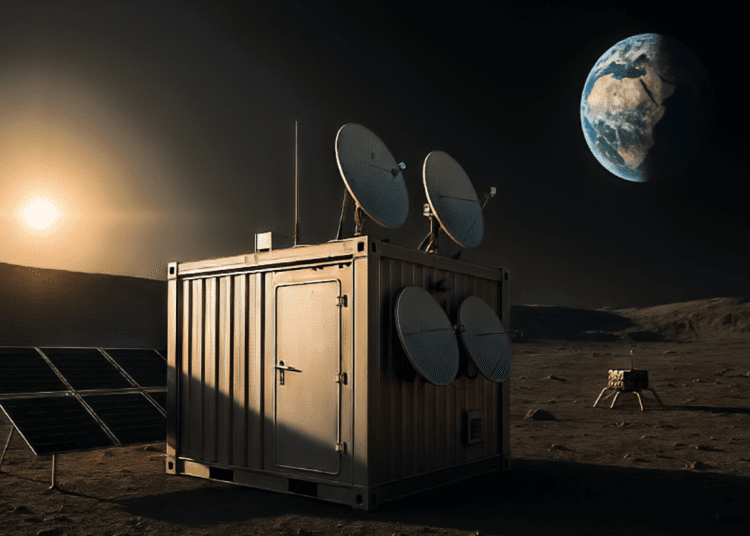 A realistic photo-style image of a lunar data center module with satellite dishes and solar panels on the Moon’s surface, with Earth visible in the sky.