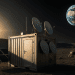 A realistic photo-style image of a lunar data center module with satellite dishes and solar panels on the Moon’s surface, with Earth visible in the sky.