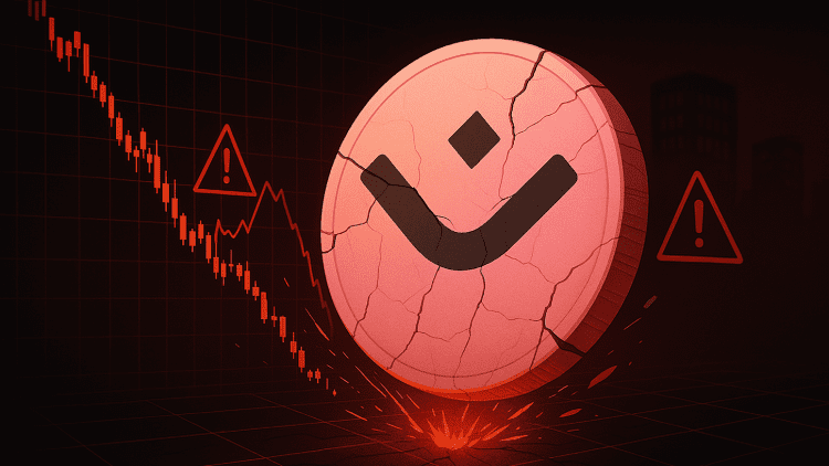 Cracked OM token crashing through a red financial chart, symbolizing sudden price collapse and market disruption