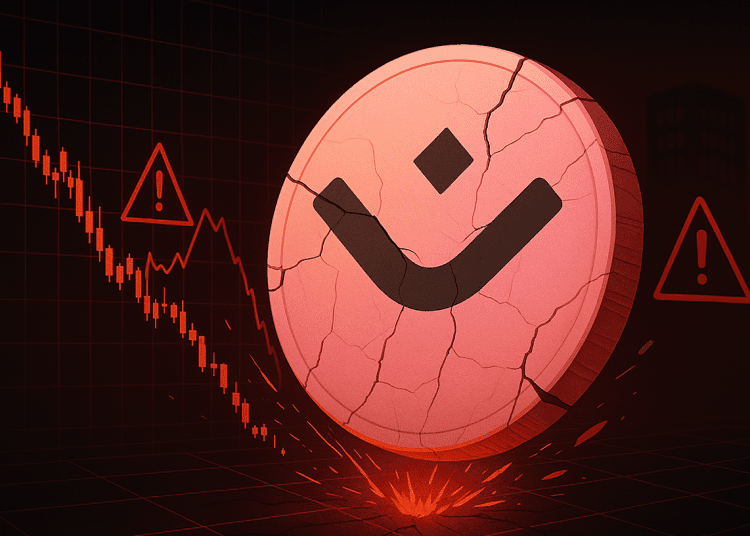 Cracked OM token crashing through a red financial chart, symbolizing sudden price collapse and market disruption