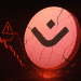 Cracked OM token crashing through a red financial chart, symbolizing sudden price collapse and market disruption