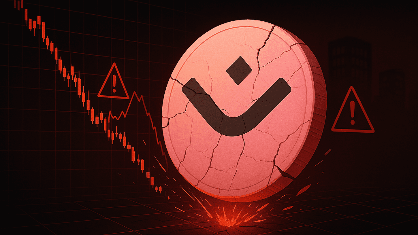 Cracked OM token crashing through a red financial chart, symbolizing sudden price collapse and market disruption