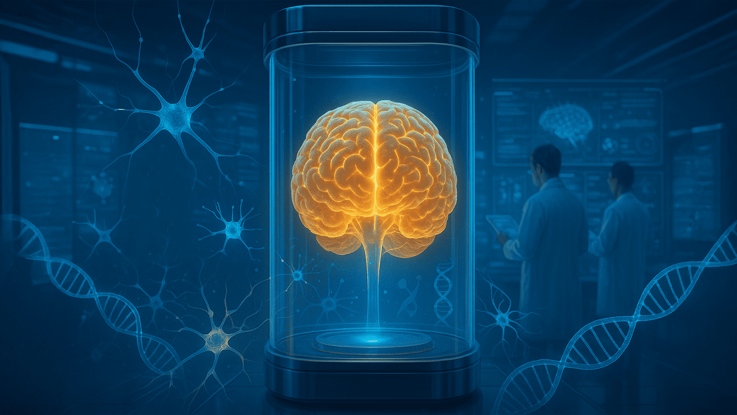 Futuristic lab showing brain cell therapy breakthrough for Alzheimer’s treatment