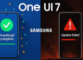 Illustration showing Samsung One UI 7 with a successful download on the left and a failed update on the right, highlighting rollout issues.