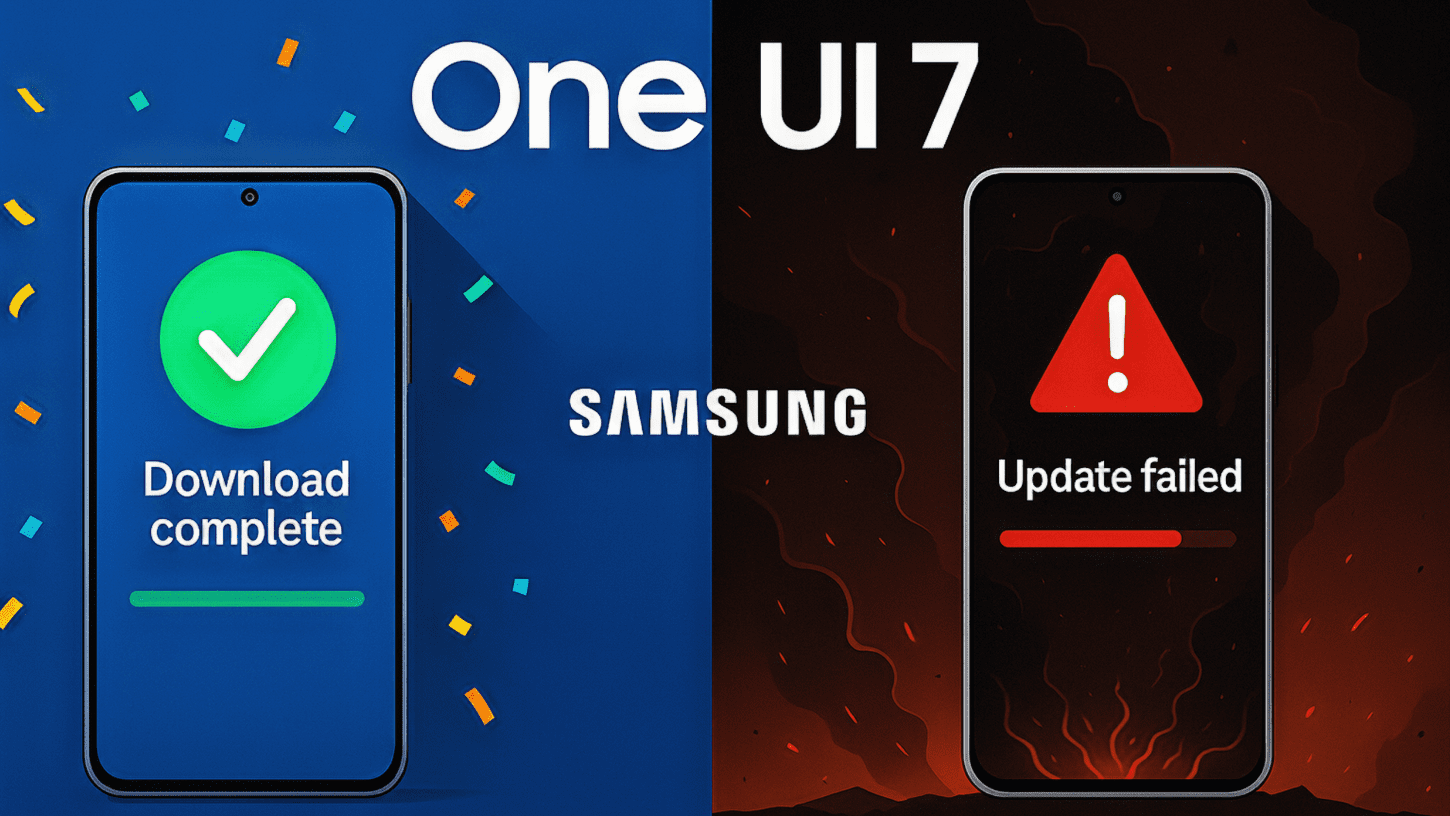 Illustration showing Samsung One UI 7 with a successful download on the left and a failed update on the right, highlighting rollout issues.