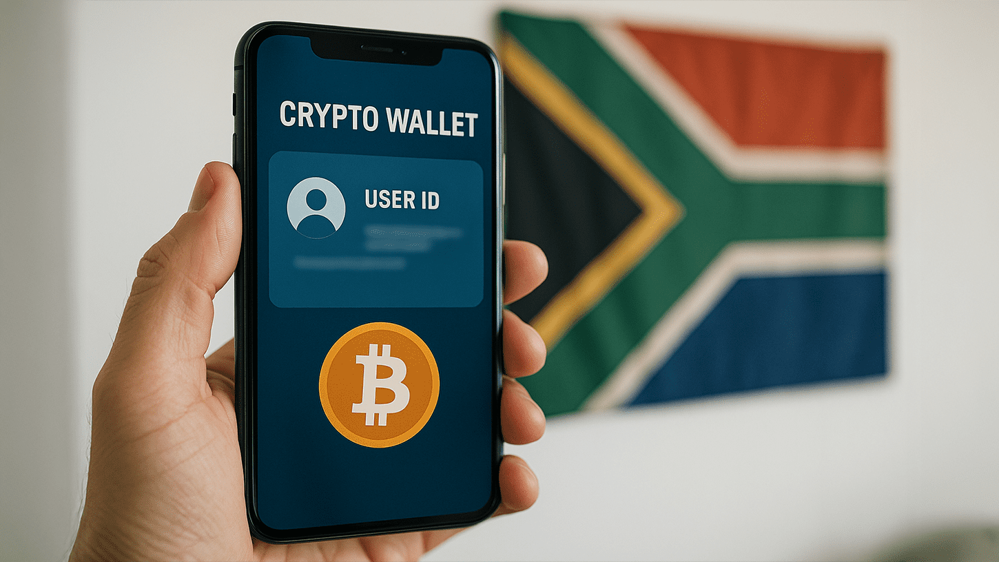 Smartphone showing crypto wallet screen with Bitcoin icon and blurred user ID, held in front of a South African flag — FATF Travel Rule context.