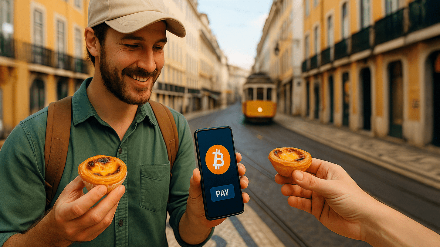 Digital nomad in Lisbon buying a pastel de nata using Bitcoin on his phone with a yellow tram in the background