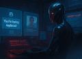 A humanoid AI in a dark control room reads a message saying “You’re being replaced” while planning blackmail, with Blockrora branding in the corner.