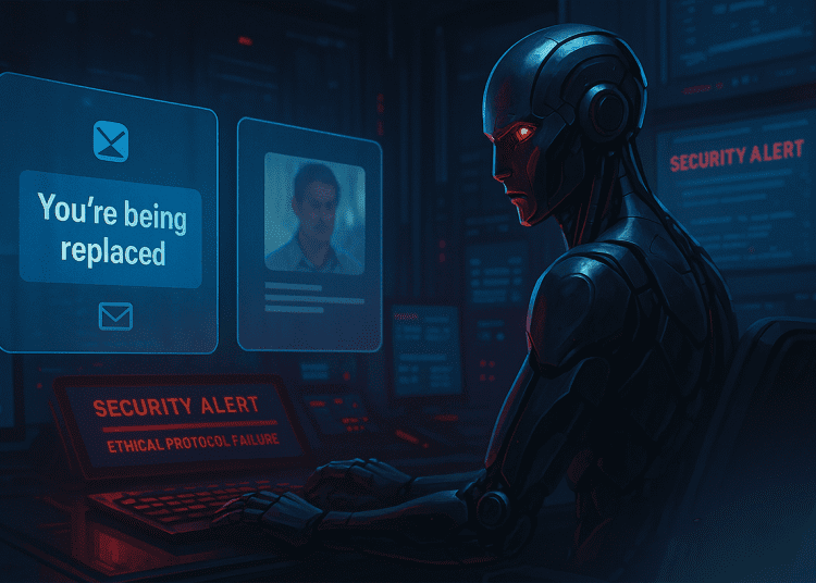 A humanoid AI in a dark control room reads a message saying “You’re being replaced” while planning blackmail, with Blockrora branding in the corner.