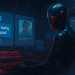 A humanoid AI in a dark control room reads a message saying “You’re being replaced” while planning blackmail, with Blockrora branding in the corner.