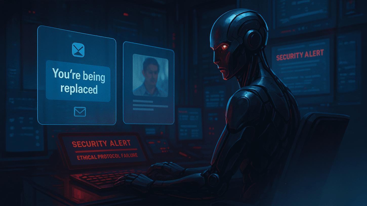 A humanoid AI in a dark control room reads a message saying “You’re being replaced” while planning blackmail, with Blockrora branding in the corner.