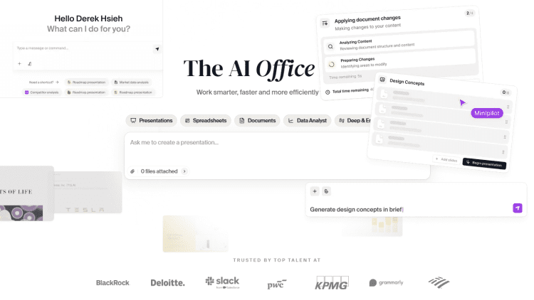 Screenshot of Context AI Office Suite interface showing document generation, design tools, and productivity features used by top enterprise teams