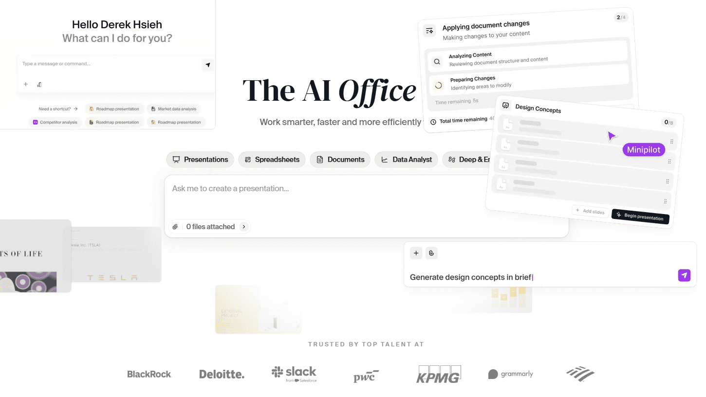 Screenshot of Context AI Office Suite interface showing document generation, design tools, and productivity features used by top enterprise teams