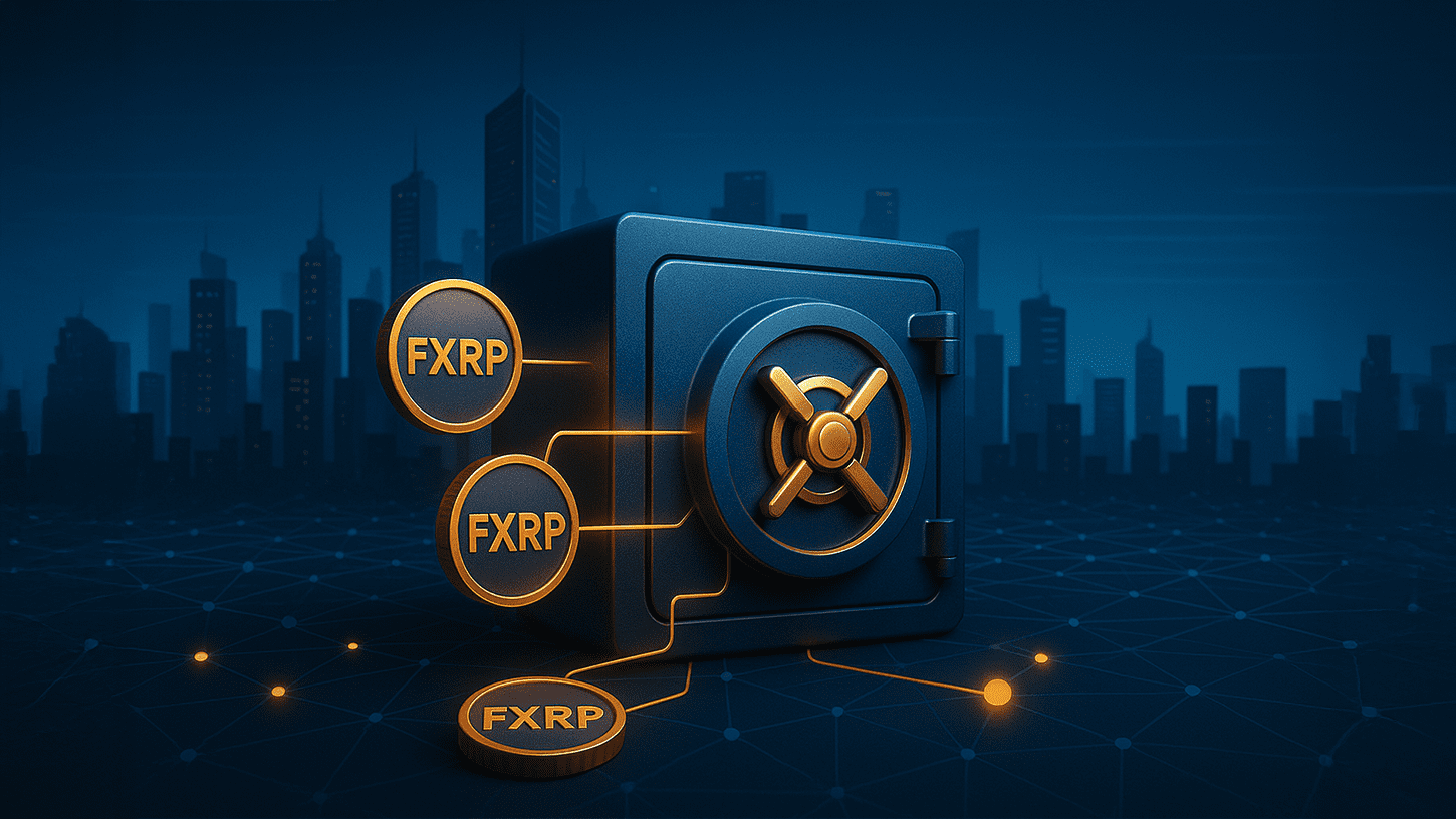 A 3D-rendered digital vault connected to glowing FXRP tokens, symbolizing Flare Network’s trustless minting system on Songbird within a futuristic city backdrop.
