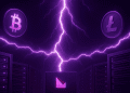 A futuristic digital illustration of a data center powered by lightning energy, symbolizing Klever's Lightning Network integration. Bitcoin and Litecoin coins float above, with Klever branding glowing on a central server, representing decentralized power and high-speed blockchain transactions.