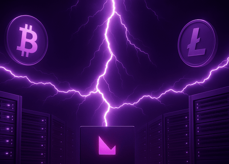 A futuristic digital illustration of a data center powered by lightning energy, symbolizing Klever's Lightning Network integration. Bitcoin and Litecoin coins float above, with Klever branding glowing on a central server, representing decentralized power and high-speed blockchain transactions.