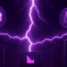 A futuristic digital illustration of a data center powered by lightning energy, symbolizing Klever's Lightning Network integration. Bitcoin and Litecoin coins float above, with Klever branding glowing on a central server, representing decentralized power and high-speed blockchain transactions.