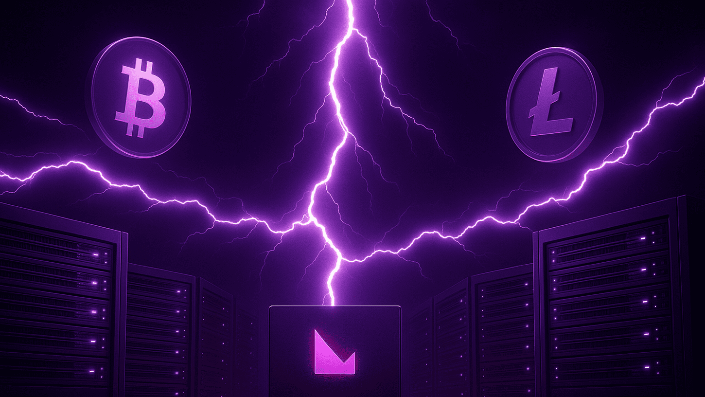 A futuristic digital illustration of a data center powered by lightning energy, symbolizing Klever's Lightning Network integration. Bitcoin and Litecoin coins float above, with Klever branding glowing on a central server, representing decentralized power and high-speed blockchain transactions.