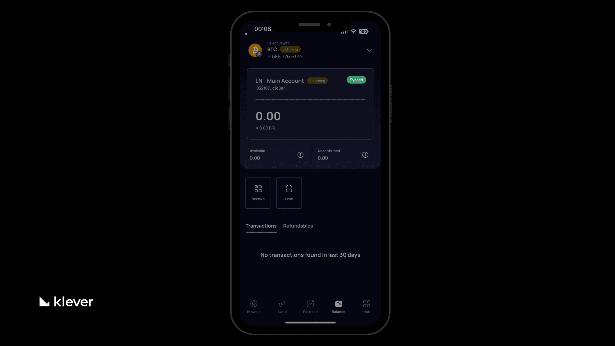 Klever Wallet showcasing the Bitcoin Lightning Network integration, offering instant and low-fee Bitcoin transactions with full self-custody.