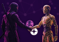 A Kunai Ninja representing the Klever Blockchain shakes hands with a golden AI agent, symbolizing KunaiKash’s strategic investment in Flagship.fyi. The digital network background highlights collaboration between Web3 and AI innovation.