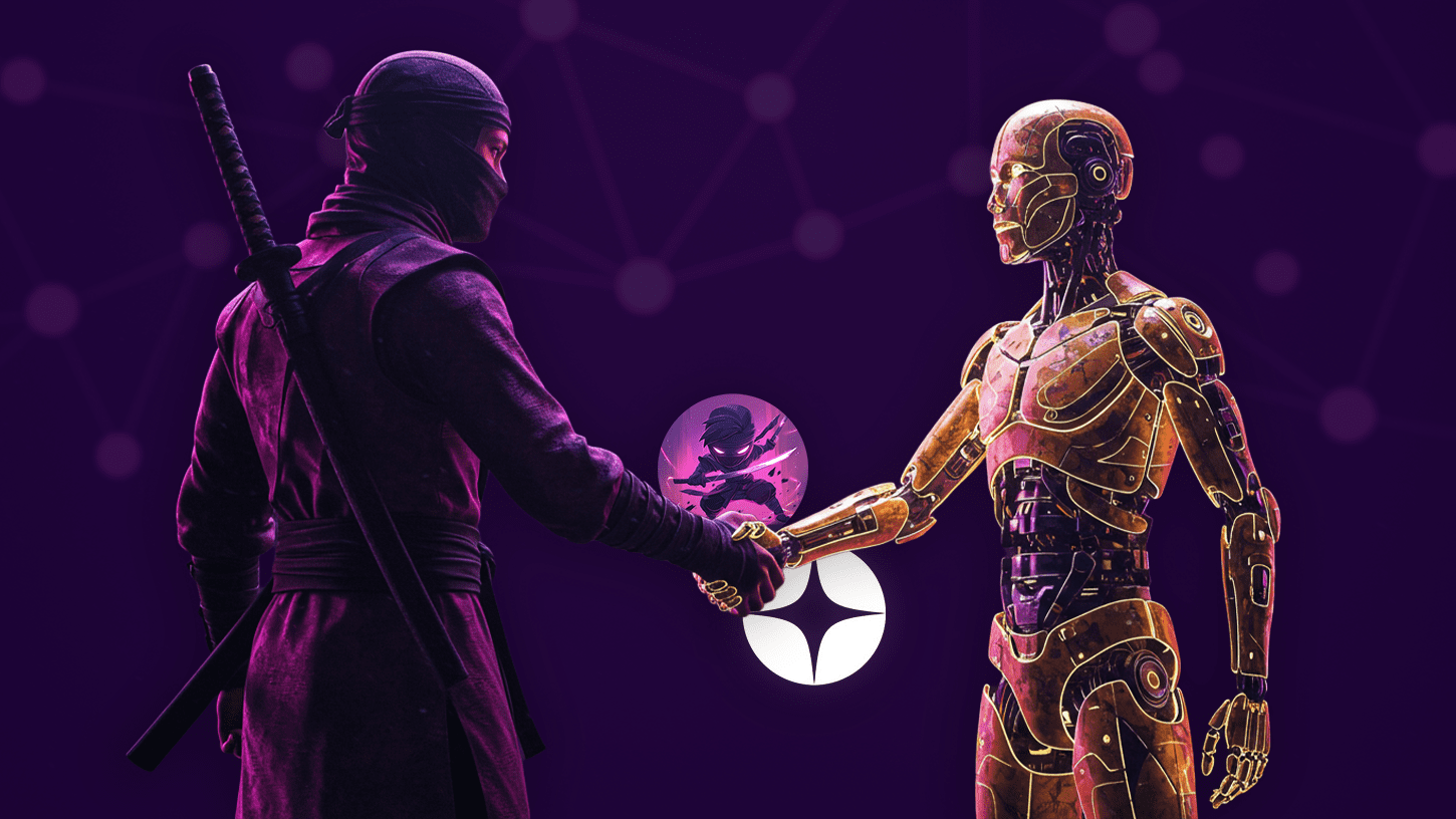 A Kunai Ninja representing the Klever Blockchain shakes hands with a golden AI agent, symbolizing KunaiKash’s strategic investment in Flagship.fyi. The digital network background highlights collaboration between Web3 and AI innovation.