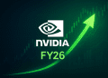 Sleek digital illustration showing NVIDIA’s logo above a glowing green arrow pointing upward, symbolizing strong FY26 performance against a minimal financial chart background.