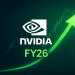 Sleek digital illustration showing NVIDIA’s logo above a glowing green arrow pointing upward, symbolizing strong FY26 performance against a minimal financial chart background.